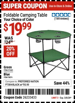 Harbor Freight Coupon FOLDABLE CAMPING TABLE Lot No. 57485 Valid Thru: 3/8/26 - $19.99