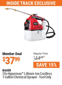 Harbor Freight Coupon 20V HYPERMAX LITHIUMION CORDLESS 1 GALLON CHEMICAL SPRAYER - TOOL ONLY Lot No. 57230 Expired: 7/1/21 - $37.99