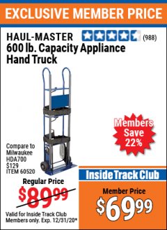 Harbor Freight ITC Coupon 600 LB. CAPACITY APPLIANCE HAND TRUCK Lot No. 60520/65685/62467 Expired: 12/31/20 - $69.99