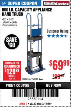 Harbor Freight Coupon 600 LB. CAPACITY APPLIANCE HAND TRUCK Lot No. 60520/65685/62467 Expired: 3/17/19 - $69.99