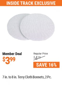 Harbor Freight Coupon 7 IN. TO 8 IN. TERRY CLOTH BONNETS, 2 PC Lot No. 92096 Expired: 7/1/21 - $3.99
