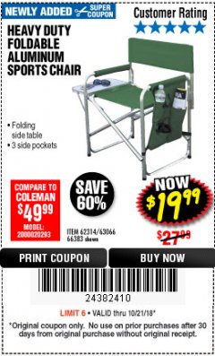 Harbor Freight ITC Coupon FOLDABLE ALUMINUM SPORTS CHAIR Lot No. 62314, 56719 Expired: 10/21/18 - $19.99