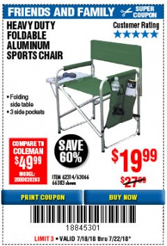 Harbor Freight Coupon FOLDABLE ALUMINUM SPORTS CHAIR Lot No. 62314, 56719 Expired: 7/22/18 - $19.99