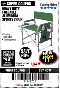 Harbor Freight Coupon FOLDABLE ALUMINUM SPORTS CHAIR Lot No. 62314, 56719 Expired: 10/31/18 - $19.99