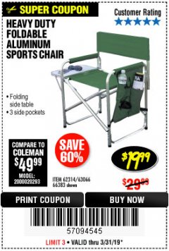 Harbor Freight Coupon FOLDABLE ALUMINUM SPORTS CHAIR Lot No. 62314, 56719 Expired: 3/31/19 - $19.99