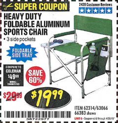 Harbor Freight Coupon FOLDABLE ALUMINUM SPORTS CHAIR Lot No. 62314, 56719 Expired: 4/30/19 - $19.99