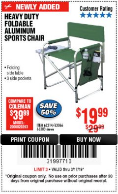 Harbor Freight Coupon FOLDABLE ALUMINUM SPORTS CHAIR Lot No. 62314, 56719 Expired: 3/17/19 - $19.99