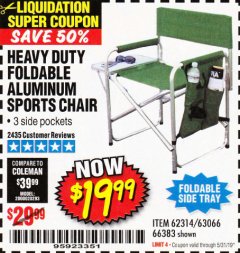 Harbor Freight Coupon FOLDABLE ALUMINUM SPORTS CHAIR Lot No. 62314, 56719 Expired: 5/31/19 - $19.99