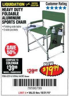 Harbor Freight Coupon FOLDABLE ALUMINUM SPORTS CHAIR Lot No. 62314, 56719 Expired: 10/31/19 - $19.99