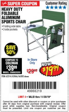 Harbor Freight Coupon FOLDABLE ALUMINUM SPORTS CHAIR Lot No. 62314, 56719 Expired: 11/30/19 - $19.99