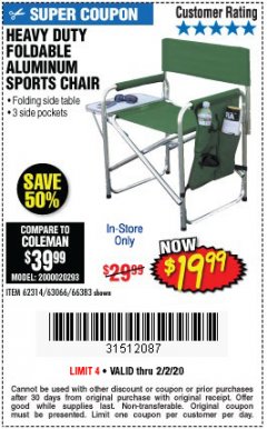 Harbor Freight Coupon FOLDABLE ALUMINUM SPORTS CHAIR Lot No. 62314, 56719 Expired: 2/2/20 - $19.99
