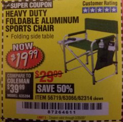Harbor Freight Coupon FOLDABLE ALUMINUM SPORTS CHAIR Lot No. 62314, 56719 Expired: 2/20/20 - $19.99