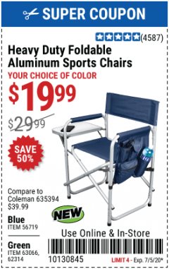 Harbor Freight Coupon FOLDABLE ALUMINUM SPORTS CHAIR Lot No. 62314, 56719 Expired: 7/5/20 - $19.99
