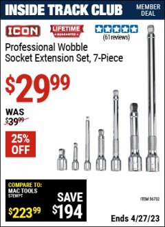 Harbor Freight ITC Coupon PROFESSIONAL WOBBLE SOCKET EXTENSTION SET, 7 PC Lot No. 56732 Expired: 4/27/23 - $29.99