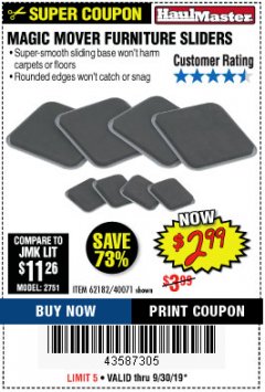 Harbor Freight Coupon MAGIC MOVER FURNITURE SLIDERS Lot No. 40071/62182 Expired: 9/30/19 - $2.99