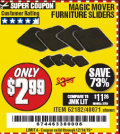 Harbor Freight Coupon MAGIC MOVER FURNITURE SLIDERS Lot No. 40071/62182 Expired: 12/14/19 - $2.99