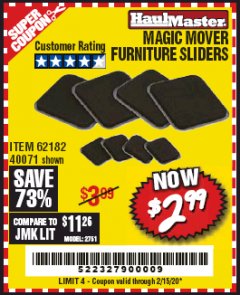 Harbor Freight Coupon MAGIC MOVER FURNITURE SLIDERS Lot No. 40071/62182 Expired: 2/15/20 - $2.99