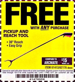 Harbor Freight FREE Coupon 36" PICKUP AND REACH TOOL Lot No. 94870/61413/62176 Expired: 10/17/18 - FWP