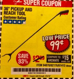 Harbor Freight Coupon 36" PICKUP AND REACH TOOL Lot No. 94870/61413/62176 Expired: 1/23/19 - $0.99