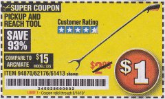 Harbor Freight Coupon 36" PICKUP AND REACH TOOL Lot No. 94870/61413/62176 Expired: 8/14/19 - $1