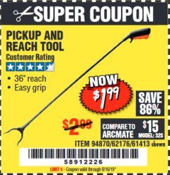 Harbor Freight Coupon 36" PICKUP AND REACH TOOL Lot No. 94870/61413/62176 Expired: 10/14/19 - $1.99