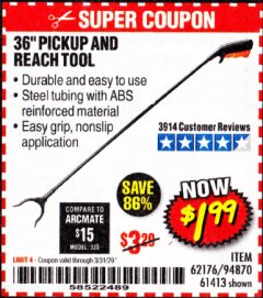 Harbor Freight Coupon 36" PICKUP AND REACH TOOL Lot No. 94870/61413/62176 Expired: 3/31/20 - $1.99