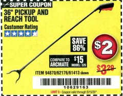 Harbor Freight Coupon 36" PICKUP AND REACH TOOL Lot No. 94870/61413/62176 Expired: 6/30/20 - $2