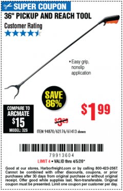 Harbor Freight Coupon 36" PICKUP AND REACH TOOL Lot No. 94870/61413/62176 Expired: 6/30/20 - $1.99