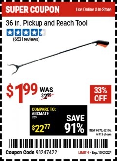 Harbor Freight Coupon 36" PICKUP AND REACH TOOL Lot No. 94870/61413/62176 Expired: 10/2/22 - $1.99