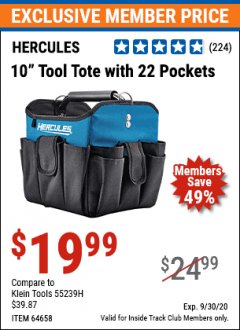 Harbor Freight ITC Coupon HERCULES 10" TOOL TOTE WITH 22 POCKETS Lot No. 64658 Expired: 9/30/20 - $19.99