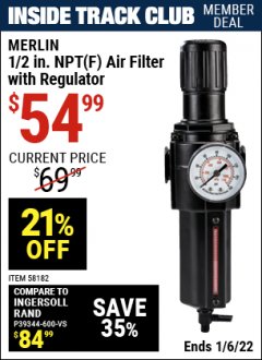 Harbor Freight ITC Coupon 1/2 IN NPT(F) AIR FILTER WITH REGULATOR Lot No. 58182 Expired: 1/6/22 - $54.99