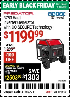 Harbor Freight Coupon PREDATOR 8750 WATT INVERTER GENERATOR WITH CO SECURE Lot No. 57480 Expired: 11/13/22 - $1199.99