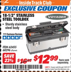 Harbor Freight ITC Coupon 18-1/2" STAINLESS STEEL TOOLBOX Lot No. 68296/62455 Expired: 10/31/19 - $12.99