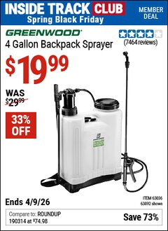 Harbor Freight ITC Coupon GREENWOOD 4 GALLON BACKPACK SPRAYER Lot No. 63092/63036 Expired: 4/9/26 - $19.99