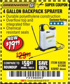 Harbor Freight Coupon 4 GALLON BACKPACK SPRAYER Lot No. 93302/61368/63036/63092 Expired: 8/19/18 - $19.99