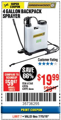 Harbor Freight Coupon 4 GALLON BACKPACK SPRAYER Lot No. 93302/61368/63036/63092 Expired: 7/15/18 - $19.99