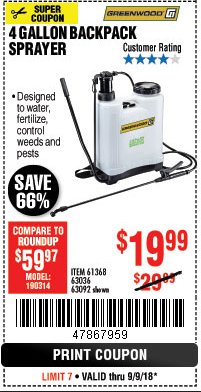 Harbor Freight Coupon 4 GALLON BACKPACK SPRAYER Lot No. 93302/61368/63036/63092 Expired: 9/9/18 - $19.99