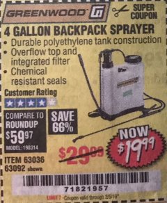 Harbor Freight Coupon 4 GALLON BACKPACK SPRAYER Lot No. 93302/61368/63036/63092 Expired: 2/5/19 - $19.99