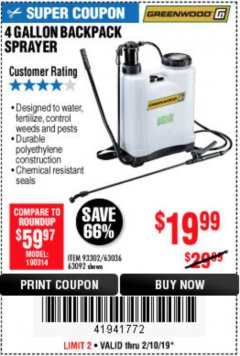Harbor Freight Coupon 4 GALLON BACKPACK SPRAYER Lot No. 93302/61368/63036/63092 Expired: 2/10/19 - $19.99