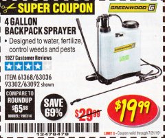 Harbor Freight Coupon 4 GALLON BACKPACK SPRAYER Lot No. 93302/61368/63036/63092 Expired: 7/31/19 - $19.99