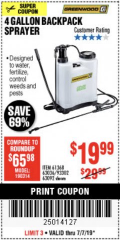 Harbor Freight Coupon 4 GALLON BACKPACK SPRAYER Lot No. 93302/61368/63036/63092 Expired: 7/7/19 - $19.99