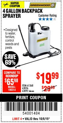 Harbor Freight Coupon 4 GALLON BACKPACK SPRAYER Lot No. 93302/61368/63036/63092 Expired: 10/6/19 - $19.99