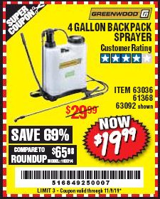 Harbor Freight Coupon 4 GALLON BACKPACK SPRAYER Lot No. 93302/61368/63036/63092 Expired: 11/9/19 - $19.99