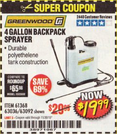 Harbor Freight Coupon 4 GALLON BACKPACK SPRAYER Lot No. 93302/61368/63036/63092 Expired: 11/30/19 - $19.99