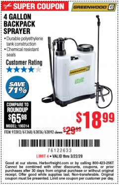 Harbor Freight Coupon 4 GALLON BACKPACK SPRAYER Lot No. 93302/61368/63036/63092 Expired: 3/22/20 - $18.99