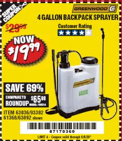 Harbor Freight Coupon 4 GALLON BACKPACK SPRAYER Lot No. 93302/61368/63036/63092 Expired: 6/30/20 - $19.99