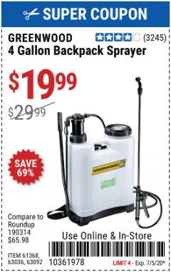 Harbor Freight Coupon 4 GALLON BACKPACK SPRAYER Lot No. 93302/61368/63036/63092 Expired: 7/5/20 - $19.99