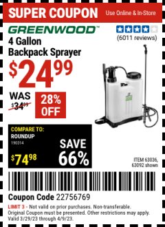 Harbor Freight Coupon 4 GALLON BACKPACK SPRAYER Lot No. 93302/61368/63036/63092 Expired: 4/9/23 - $24.99