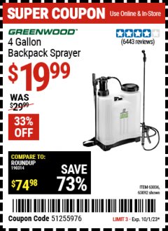 Harbor Freight Coupon 4 GALLON BACKPACK SPRAYER Lot No. 93302/61368/63036/63092 Expired: 10/1/23 - $19.99