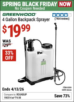 Harbor Freight Coupon GREENWOOD 4 GALLON BACKPACK SPRAYER Lot No. 63092/63036 Expired: 4/12/26 - $19.99